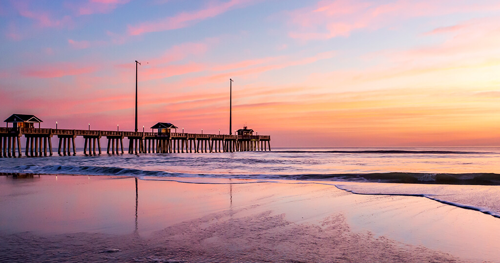 Jennette's Pier at sunset on the Outer Banks of NC