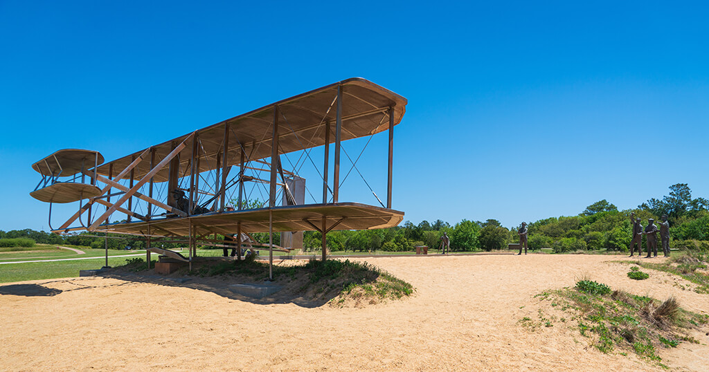 sculpture of the Wright brothers' first flight on the Outer Banks